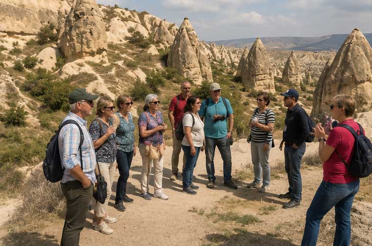 Grupo acompañado recorriendo los paisajes de Capadocia